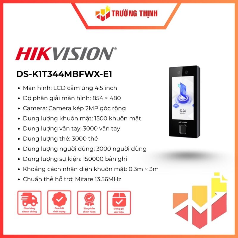 Máy chấm công Hikvision DS-K1T344MBFWX-E1 Face ID, vân tay, Bluetooth, PoE