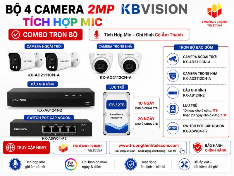 Gói 2: Bộ 4 camera 2mp Kbvision (TT-KX-AD211CN-A)