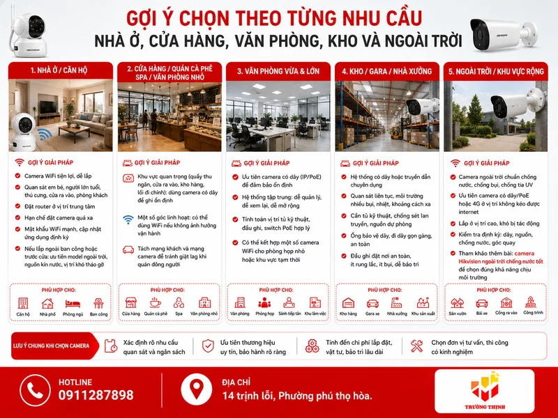Gợi ý chọn theo từng nhu cầu: nhà ở, cửa hàng, văn phòng, kho và ngoài trời
