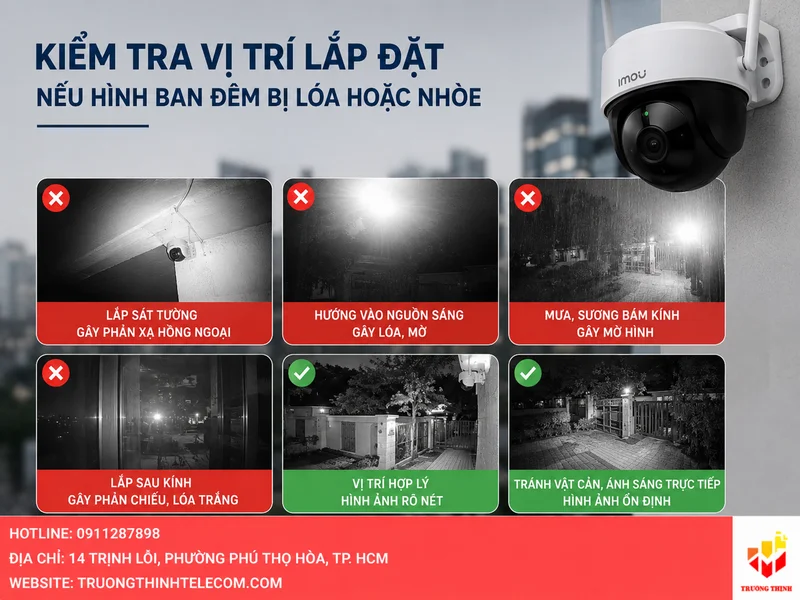 Kiểm tra vị trí lắp đặt nếu hình ban đêm bị lóa hoặc nhòe