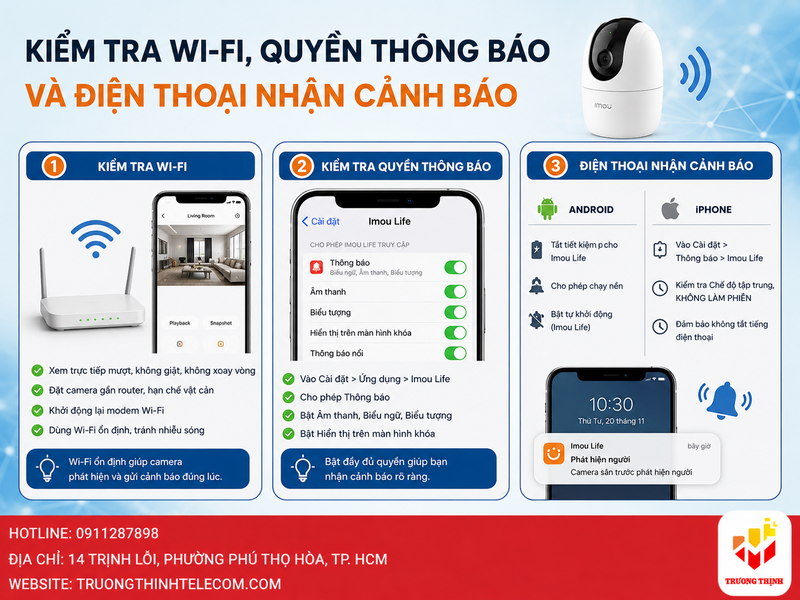 Kiểm tra Wi-Fi, quyền thông báo và điện thoại nhận cảnh báo