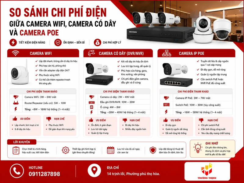 So sánh chi phí điện giữa camera WiFi, camera có dây và camera PoE