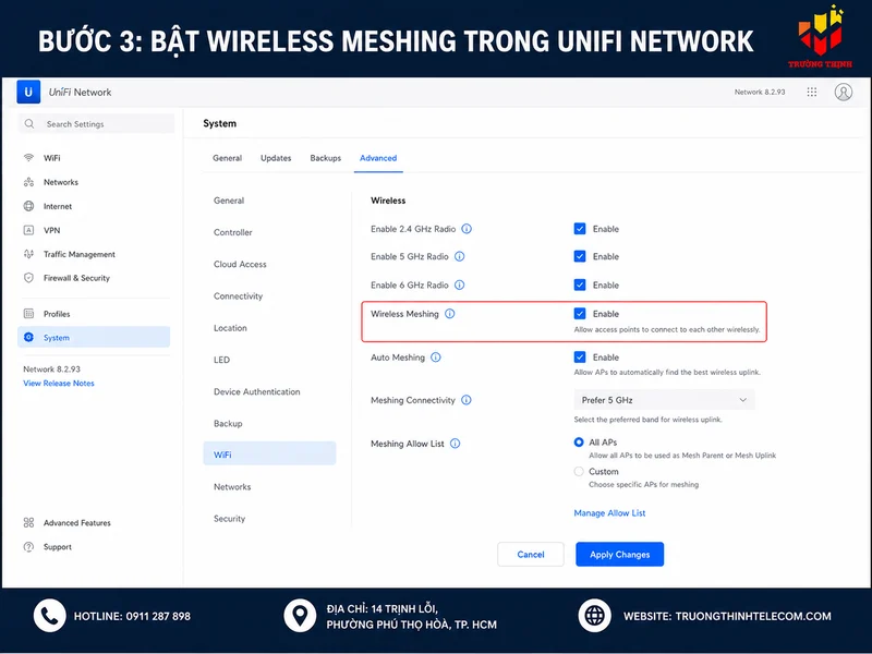 Bước 3: Bật Wireless Meshing trong UniFi Network