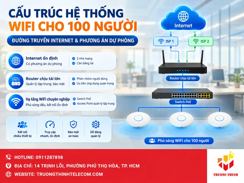 Cấu trúc hệ thống WiFi phù hợp cho quy mô 100 người
