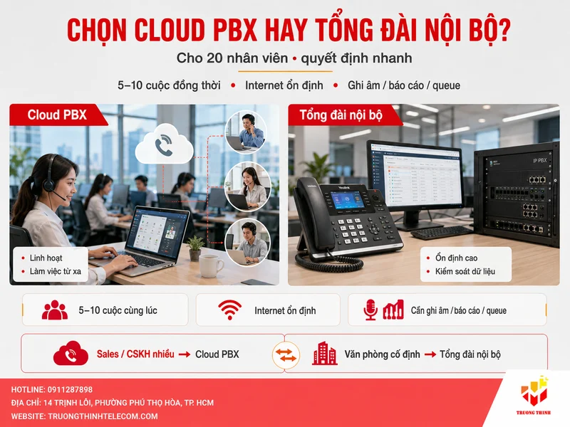 Chọn Cloud PBX hay tổng đài nội bộ cho 20 nhân viên? Tiêu chí quyết định nhanh