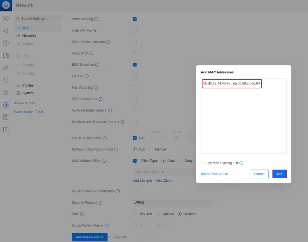 Import vào SSID đã tạo