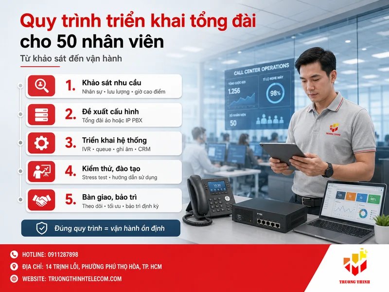 Quy trình triển khai tổng đài cho 50 nhân viên từ khảo sát đến vận hành