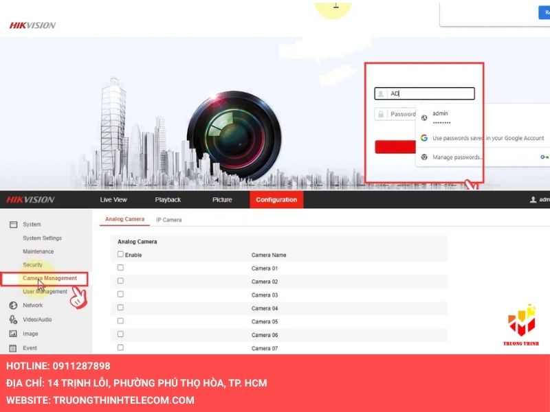 Chọn Cài đặt rồi nhấn mục Quản lý camera